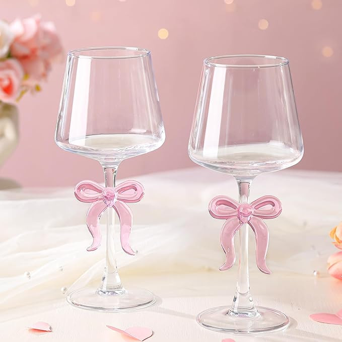 2 Pack Pink Bow Wine Glasses Bow Red Wine Glasses 15.2 oz Delicate and Elegant Pink Coupe Decorat... | Amazon (US)