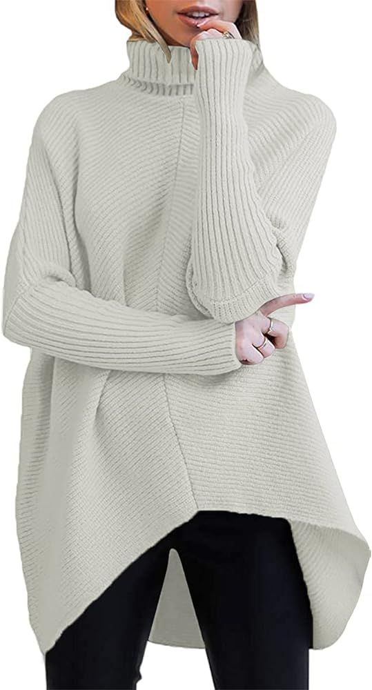 ANRABESS Womens Turtleneck Long Batwing Sleeve Asymmetric Hem Casual Pullover Sweater Knit Tops | Amazon (US)