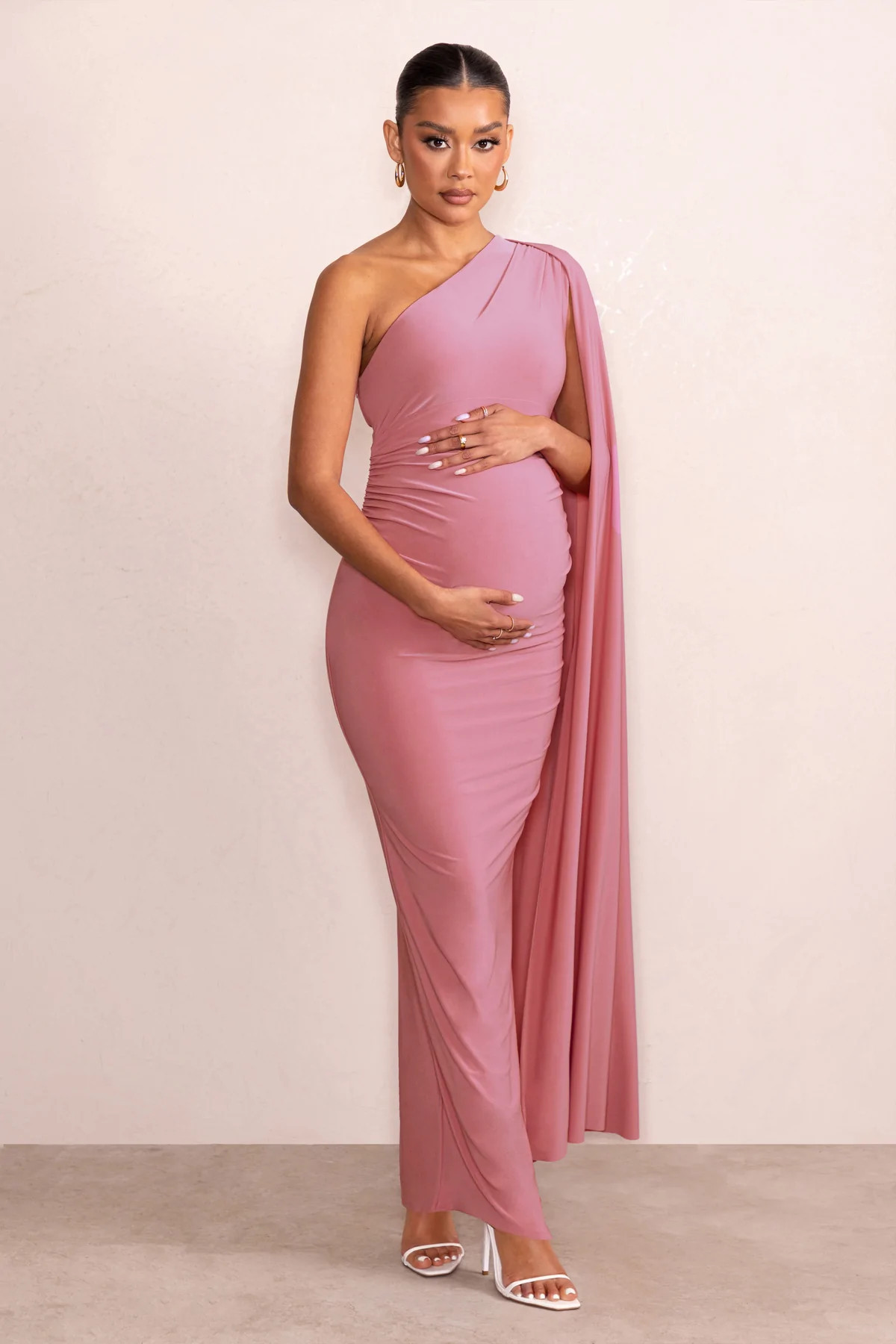 Amaryllis | Blush Pink Maternity One Shoulder Maxi Dress with Cape Sleeve | Club L London