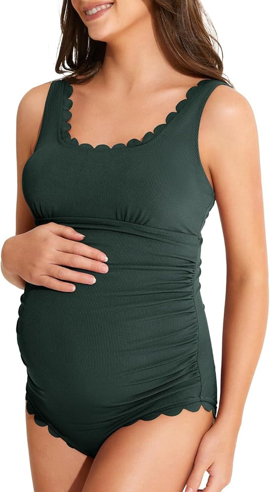 Summer Mae Scalloped Maternity Swimsuit One Piece Ribbed Bathing Suit Cutout Ruched Pregnancy Swi... | Amazon (US)