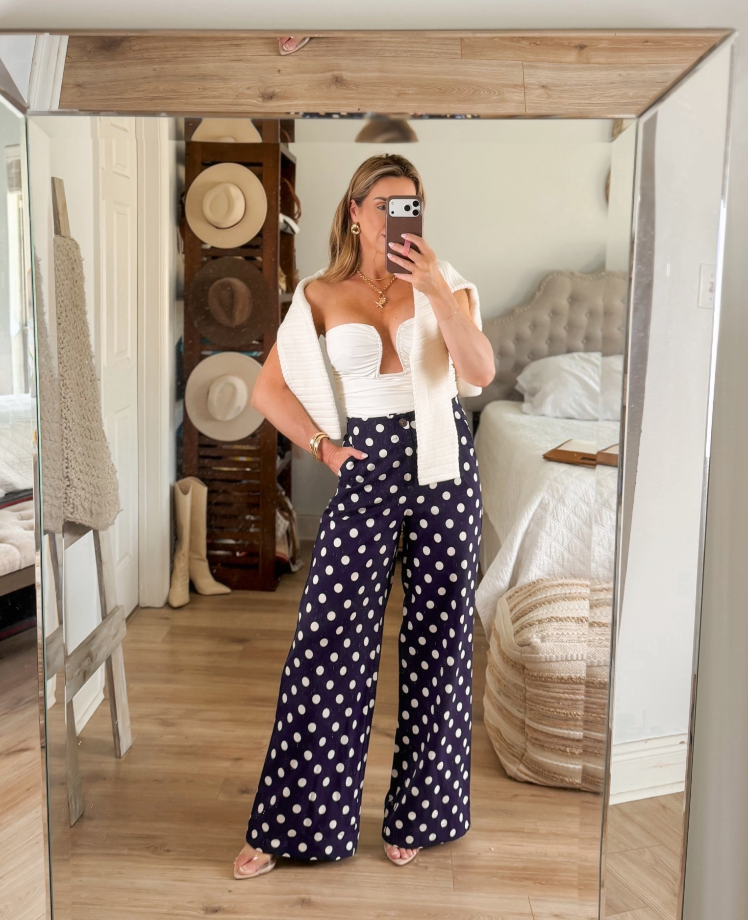 Polka dots are trending big for spring! These navy polka dot wide leg trousers are so cute for the season. I paired them with a white bodysuit and threw a sweater over my shoulder for a little extra coverage.

Spring outfits 2026, spring break outfits, polka dot pants, date night outfits, summer outfits 2026

#LTKootd #LTKOver40 #LTKPetite