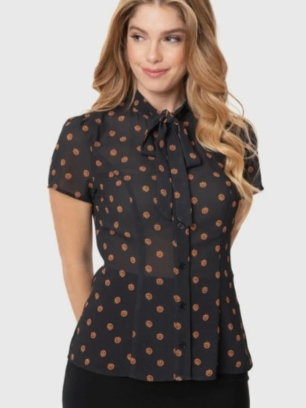 Unique Vintage Women's Black Bow-Tie Blouse with Jack O Lantern Print | Poshmark