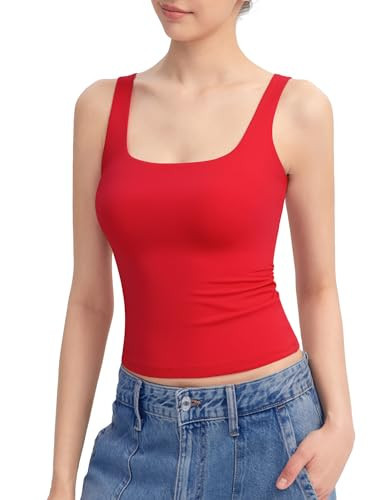 PUMIEY Women's Square Neck Tank Tops Sleeveless Double Lined Basic Going Out Top, Ruby Medium | Amazon (US)