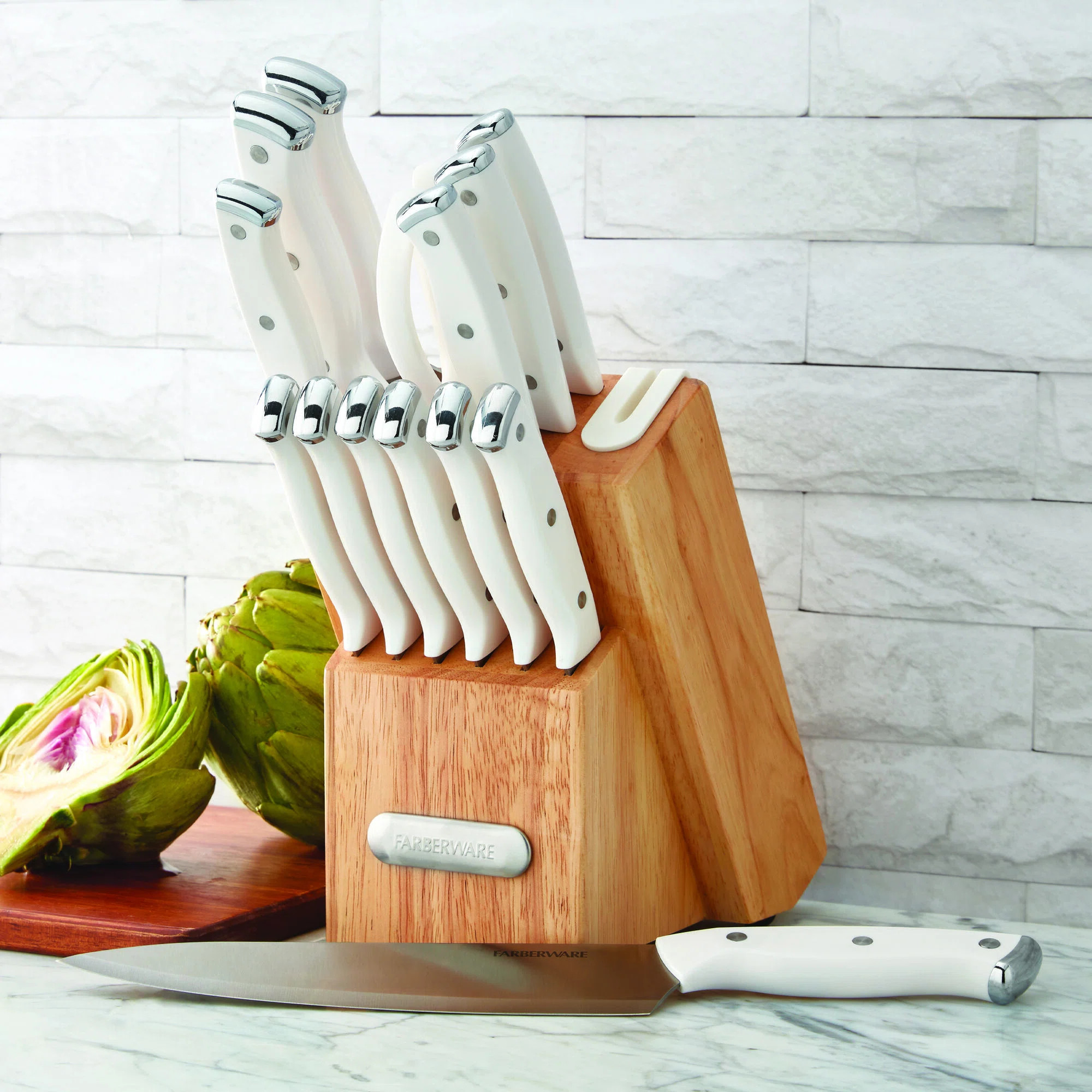 Farberware Edgekeeper Triple Riveted Knife Block Set with Built in Sharpener, 14-Piece, White | Wayfair North America