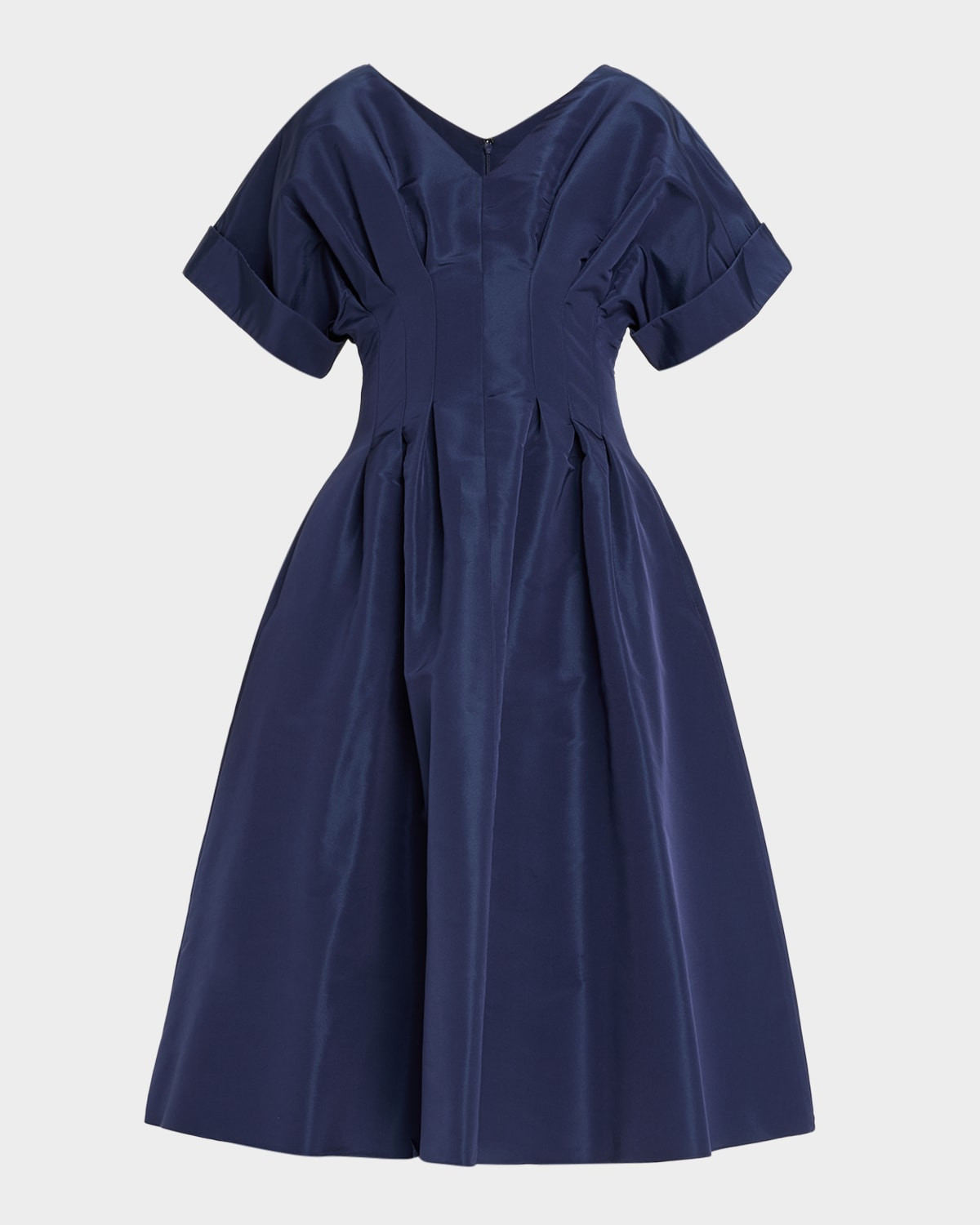 V-Neck Pleated Short-Sleeve Midi Dress | Neiman Marcus
