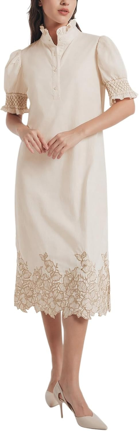 Women's Summer Embroidered Midi Dress 2026 Button Down Short Sleeve Floral Shirt Dress | Amazon (US)