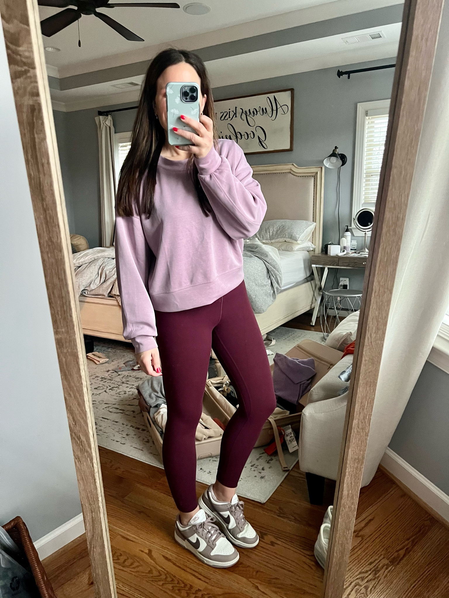 Size 6 top! On sale! Fabric is amazing! 
Small bottoms! LOVE this amazon legging brand so much!!! *color cassis*

Nikes fit true to size! (Don’t size up!) love that they are color but still neutral and go with everything!! #amazonfinds #amazonfashion 

#LTKFamily #LTKStyleTip #LTKFitness