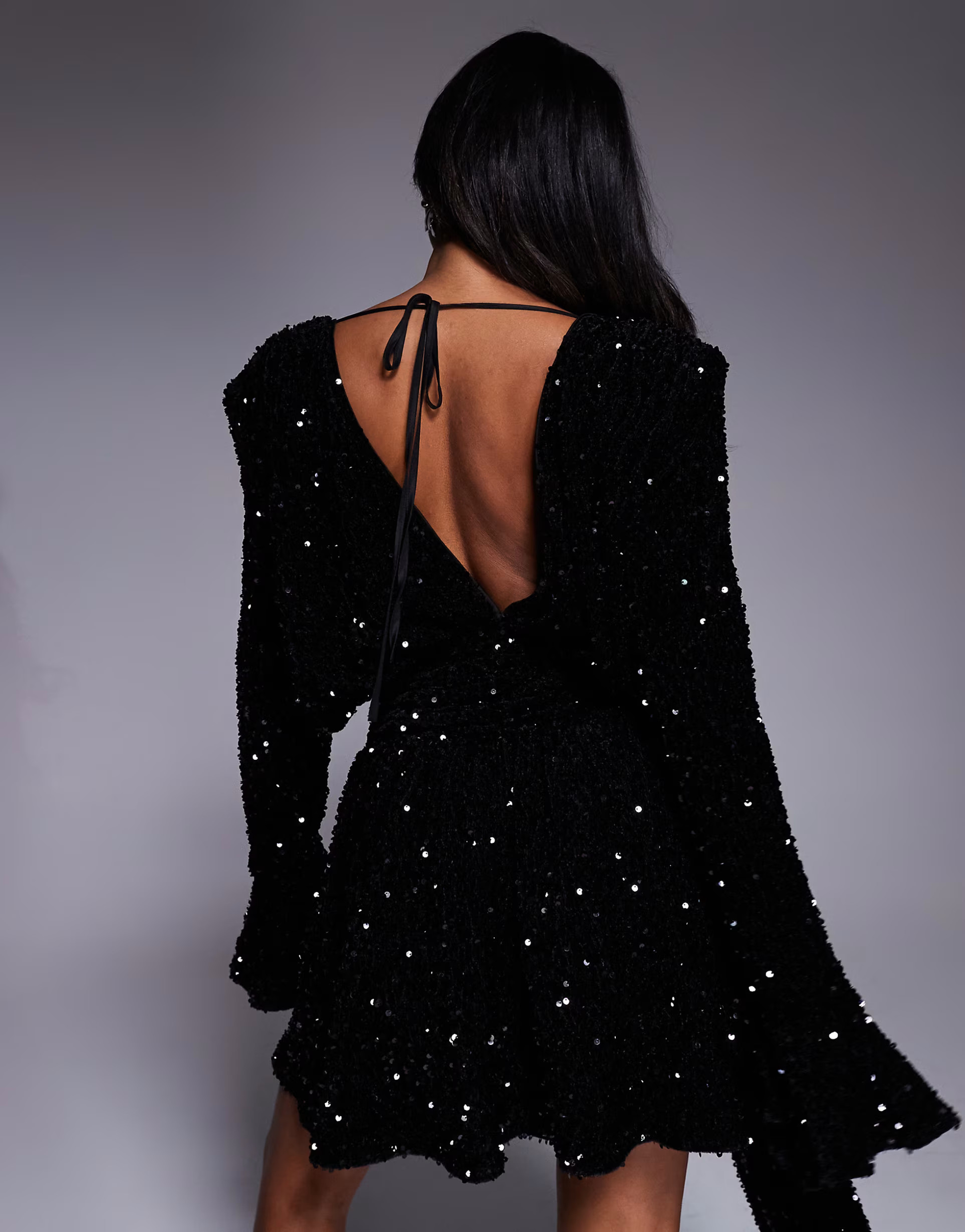 ASOS LUXE sequin velvet drape front mini dress with exaggerated shoulders in black | ASOS | ASOS (Global)