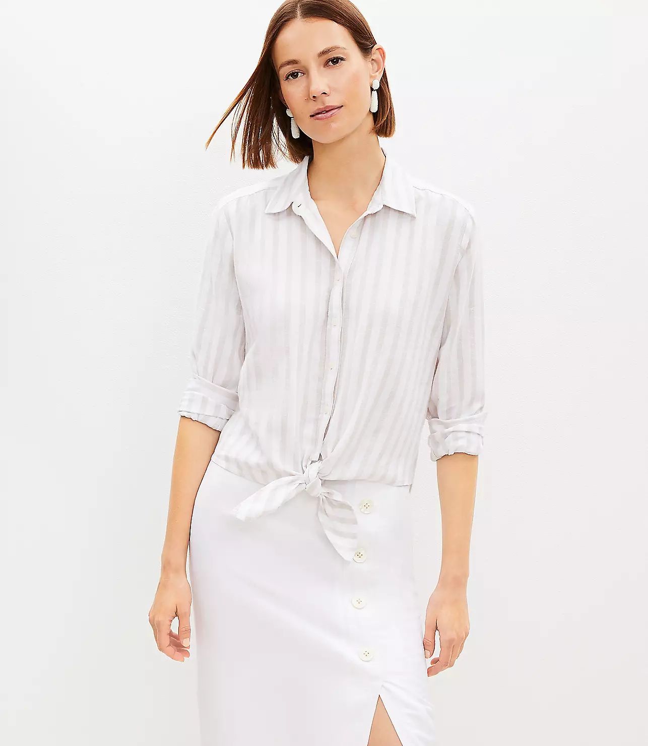 Striped Tie Front Linen Blend Shirt | LOFT