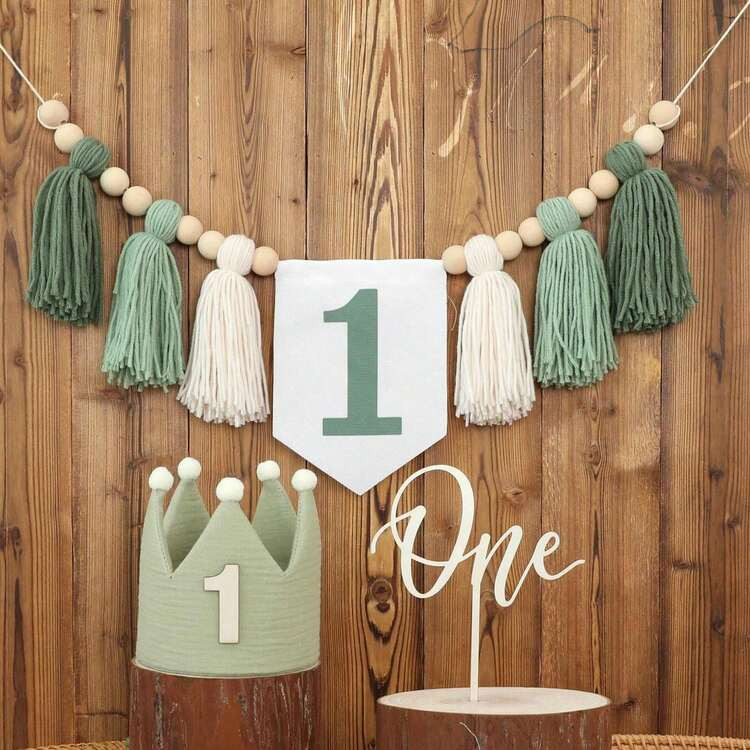 1/3pcs Green 1st Birthday Decoration, High Chair Banner, 1st Birthday Crown Hat, Handmade Tassel ... | SHEIN