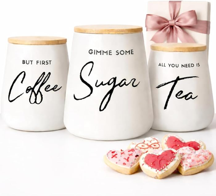 Coffee Tea and Sugar Ceramic Canister Set with Bamboo Lids - 3-Piece Airtight Kitchen Canisters f... | Amazon (US)