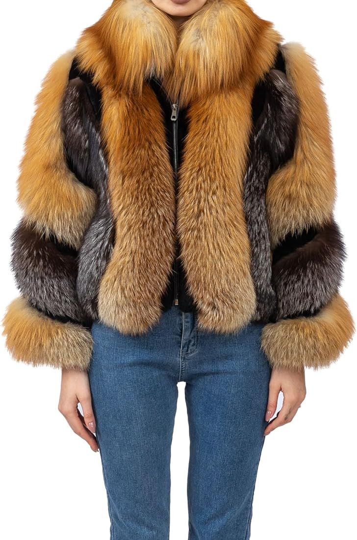 LVCOMEFF Women Natural Red Fox Silver Fox Fur Coat Furry Luxurious | Amazon (US)