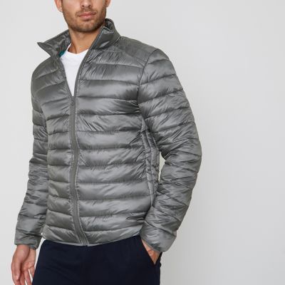 Grey funnel neck puffer jacket | River Island (US)