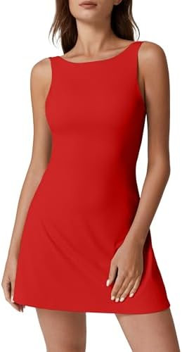 QINSEN Womens Open Back Tennis Dress Sleeveless Built in Shorts Golf Athletic Dress with Pockets | Amazon (US)