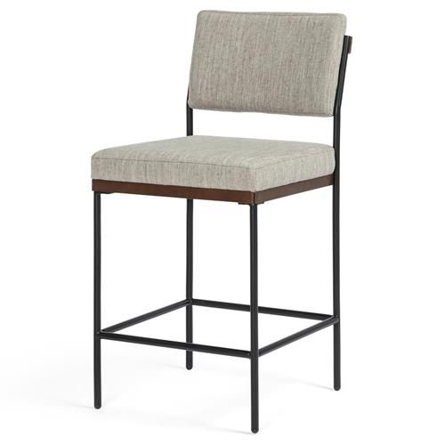 Ellie Industrial Loft Grey Upholstered Performance Black Iron Frame Counter Stool | Kathy Kuo Home