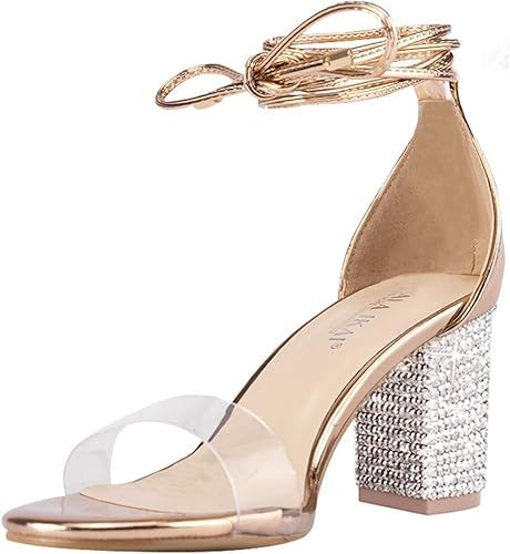 Women's Heels Sandals with Rhinestone Strappy Open Toe Clear Block Mid Heels Party Pumps Shoes fo... | Amazon (US)