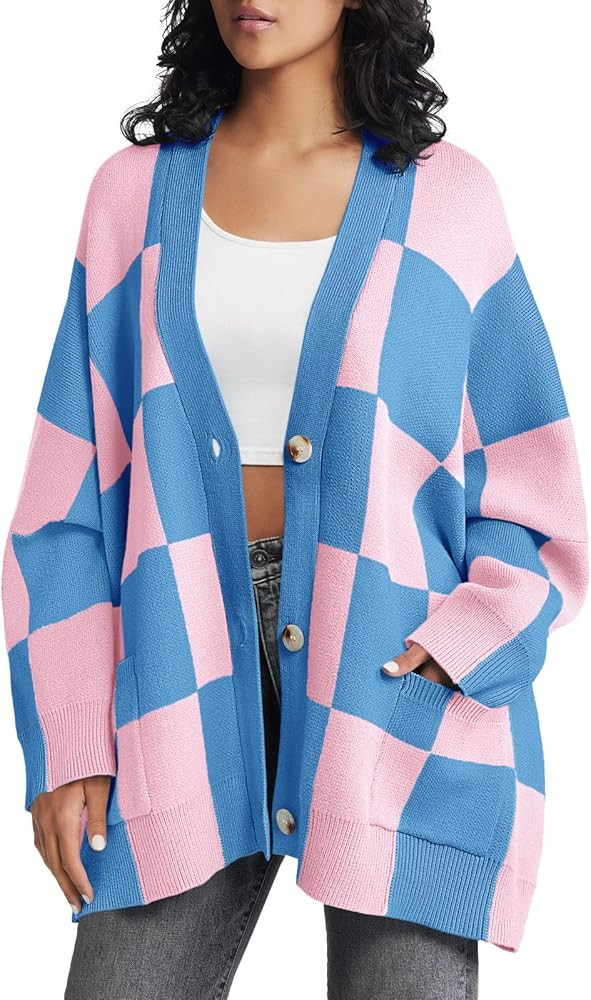 Saodimallsu Womens Checkered Sweater Color Block Plaid Oversized Cardigan Long Sleeve V Neck Butt... | Amazon (US)