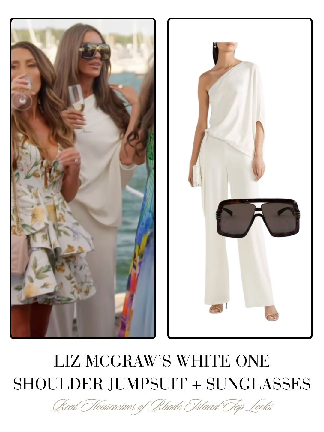 Liz McGraw's White One Shoulder Jumpsuit and Oversized Sunglasses 

 