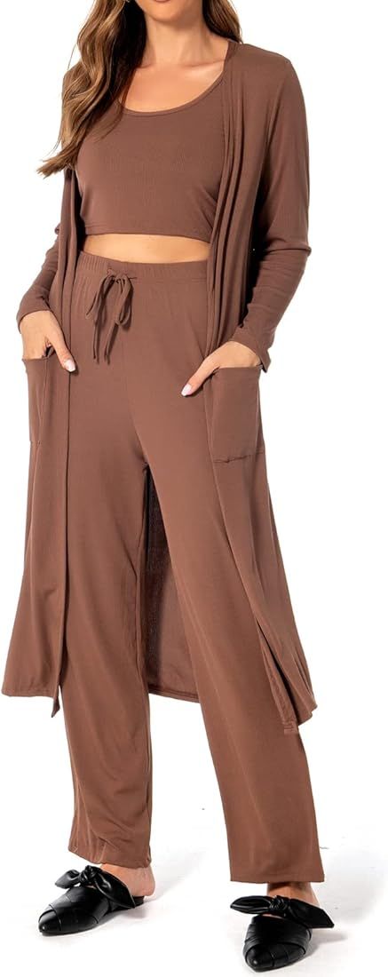 Womens Pajamas Set 3 Piece Loungewear Set Crop Vest High Waist Pant and Long Cardigan Sweatsuit Loun | Amazon (US)