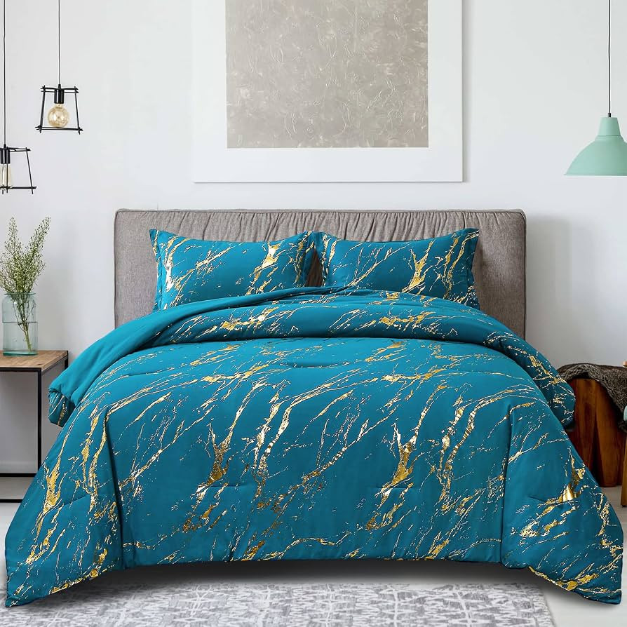 WONGS BEDDING Teal Gold Metallic Marble Comforter Set King Foil Print Glitter Bedding Sets with 2... | Amazon (US)