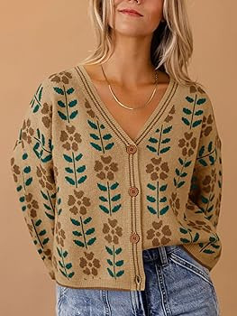 Saodimallsu Womens Floral Print V Neck Cardigan Open Front Button Down Knit Sweater Long Sleeve L... | Amazon (US)