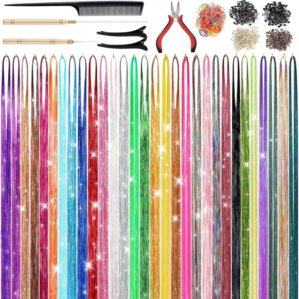 30 Colors 9900 Strands Hair Tinsel Kit, 48 Inch Glitter Tinsel Hair Extensions for July Fourth Ch... | Amazon (US)