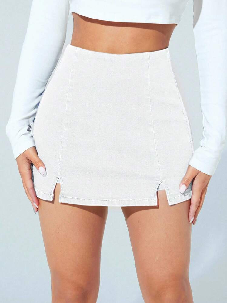 SHEIN PETITE Women High Waist Solid Color Open Hem Casual Denim Skort | SHEIN