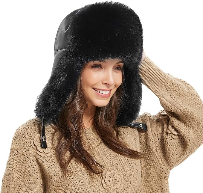 Winter Trapper Hat for Women Warm Faux Fur and Leather Windproof Full Hood Earflap Beanies | Amazon (US)