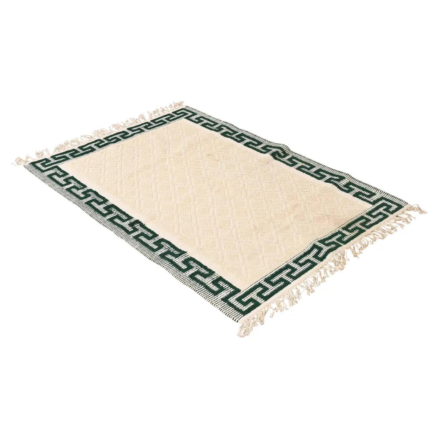 Vintage Handmade Cream and Green Greek Key Border Rug | 1stDibs