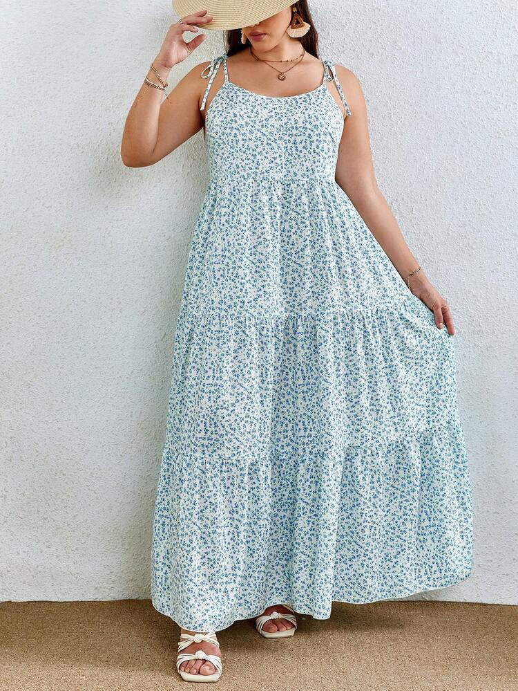 SHEIN VCAY Plus Ditsy Floral Print Tie Shoulder Ruffle Hem Cami Dress | SHEIN