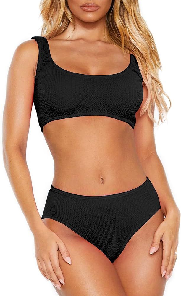 DaiLiWei Womens High Waisted Swimsuits Two Piece Sports Bathing Suits Padded Crop Top Ribbed Biki... | Amazon (US)