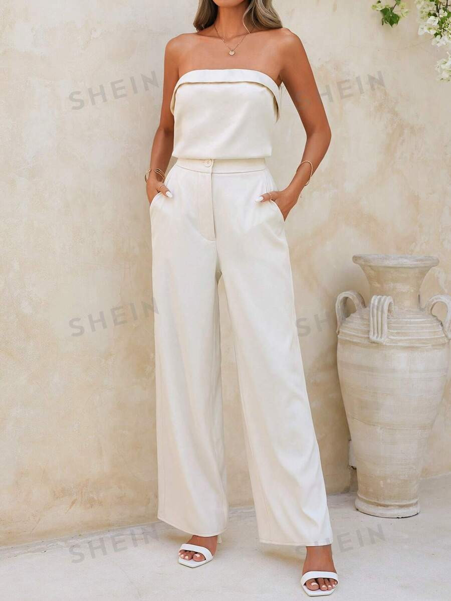 SHEIN Clasi Ladies" Solid Color Tube Top And Straight Pants Summer Simple Casual Two-Piece | SHEIN