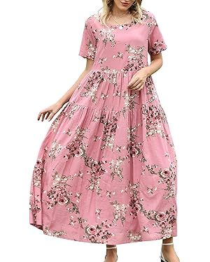 YESNO Women Casual Loose Bohemian Floral Dresses with Pockets Short Sleeve Summer Beach Swing Dre... | Amazon (US)