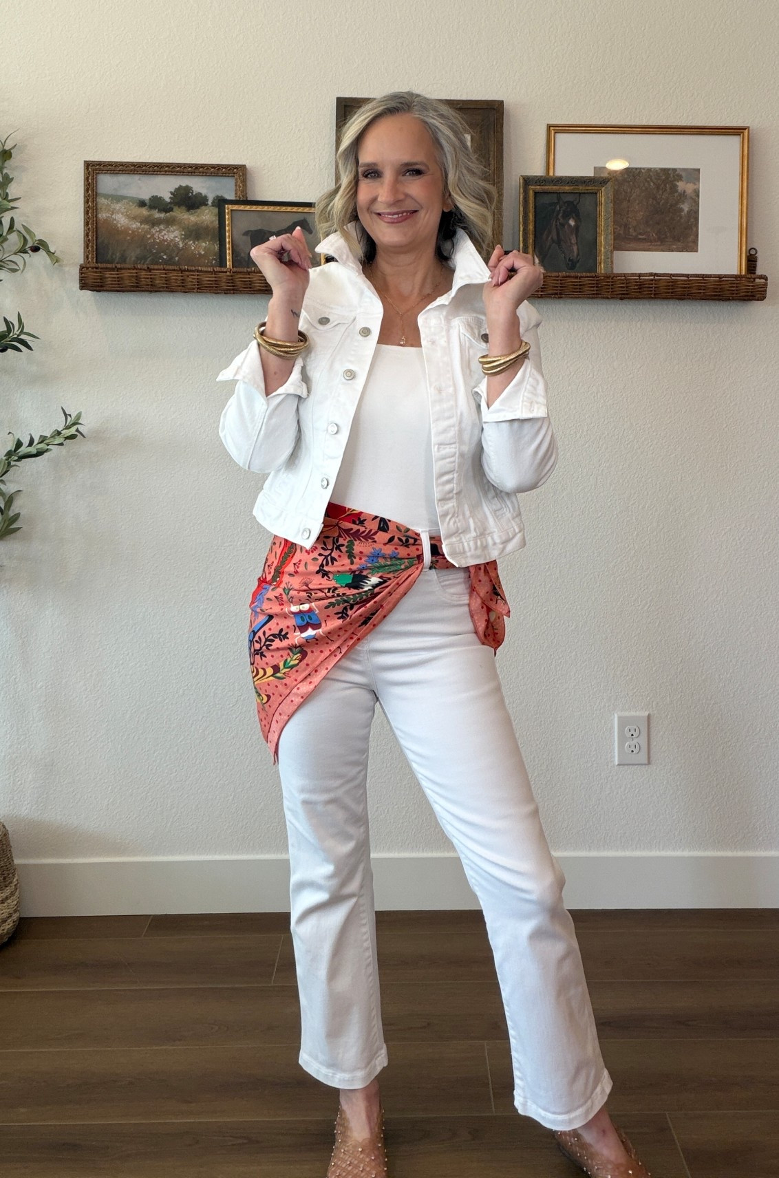What do we think of this scarf trend? I wasn’t sure at first but wearing it wrapped like this is growing on me.

Amazon, old navy, Steve Madden, jelly shoes, white jeans, coil bracelets, over 59, tips and tricks, style hackk

#LTKootd #LTKOver40 #LTKgrwm