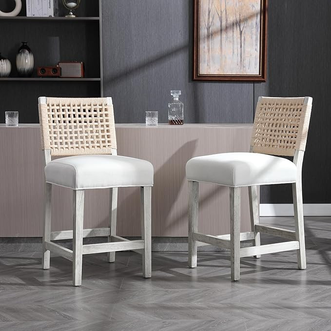 Woven Rope Back Bar Stools Set of 2 Armless Counter Height Stools Wooden Farmhouse Barstools for ... | Amazon (US)