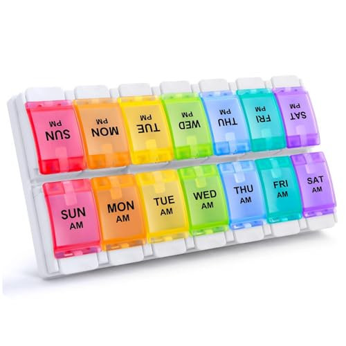 Sukuos AM PM Weekly Pill Organizer 2 Times A Day, Large Daily Pill Box Case 7 Day with Easy Push Button Design, Detachable Medicine Holder for Vitamin/Fish Oil/Supplements (Rainbow) | Amazon (US)