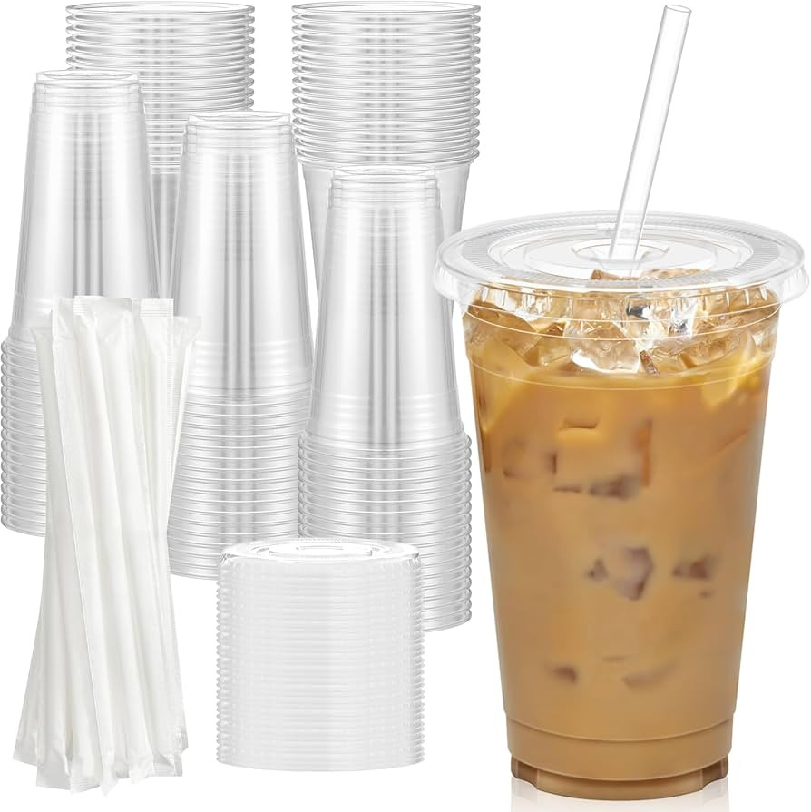100 Pack - 20 oz Clear Plastic Cups with Lids and Straws, Sturdy & Food Safe Iced Coffee Cups wit... | Amazon (US)