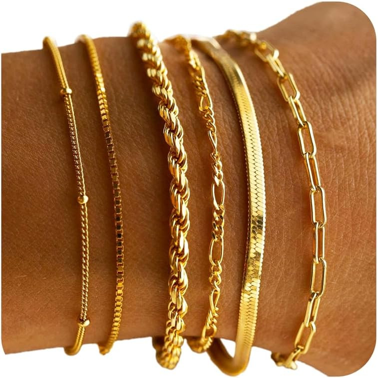 DEARMAY Gold Bracelets for Women 14K Real Gold Plated Jewelry Sets Stack Trendy Dainty Stackable Paperclip Rope Snake Box Figaro Chain Bracelets Pack Costume Fashion Filled Gifts for Womens | Amazon (US)