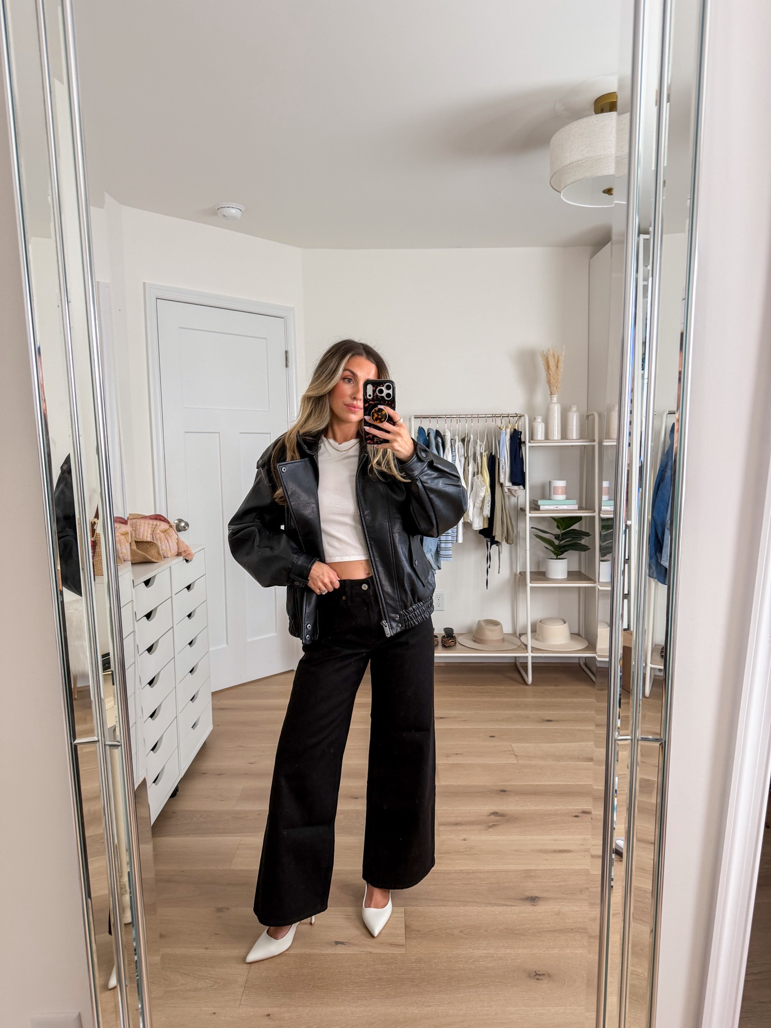 Abercrombie denim I’m loving as someone who’s petite at 5’2! All on sale! Code DENIMAF stacks! 
+ black moto jacket: xxs 
+ top: xs
+ high rise wide leg jeans: 24 short 
+ heels: true to size

#LTKootd #LTKPetite #LTKSaleAlert