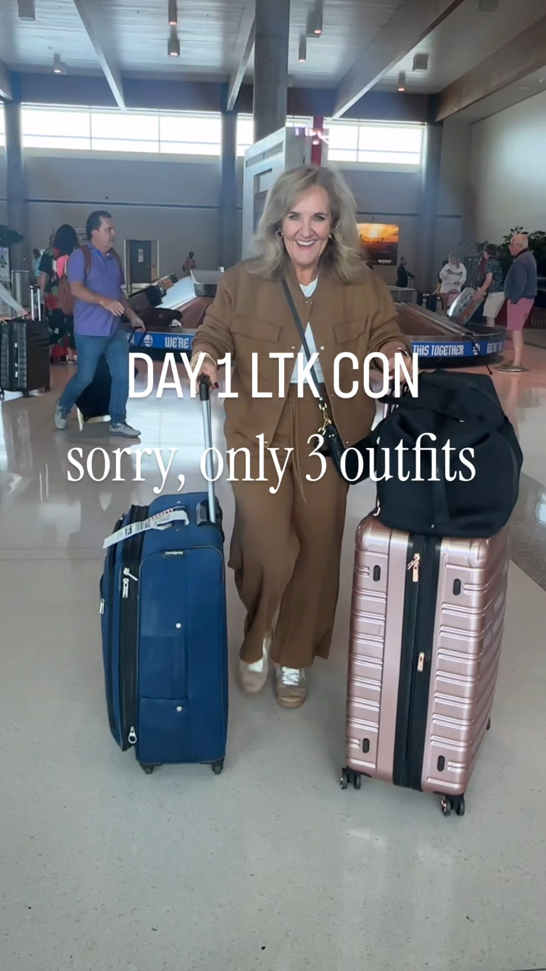 Day, one of LTK Con and I only wore three outfits. Don’t worry in those suitcases are a lot more.
LOFT fleece bomber jacket size medium 
LOFT fleece flare sweatpants size medium petite 
Frank and Eileen linen dress that I wore as a cover-up size medium 
Anthropologie new Toby dress in a really pretty fall plaid with pink teal and brown. I mistakenly ordered a small petite so the waist is quite fitted. My regular size in this dress is a medium petite and that gives me a little bit more room in the waist 


#LTKOver40 #LTKCon #LTKTravel