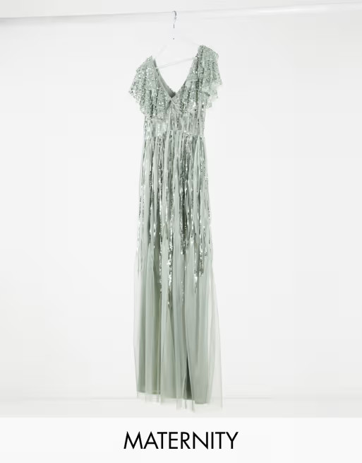 Maya Maternity embellished cap sleeve maxi dress in sage green | ASOS (Global)