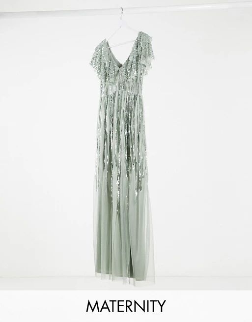 Maya Maternity embellished cap sleeve maxi dress in sage green | ASOS (Global)