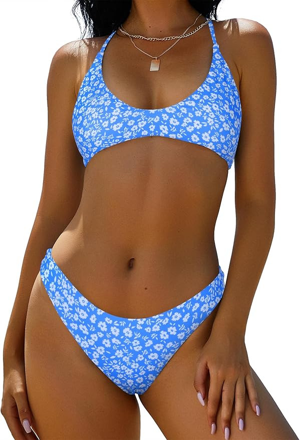 ZAFUL Women's Tie Back Padded High Cut Bralette Bikini Set Two Piece Swimsuit | Amazon (US)