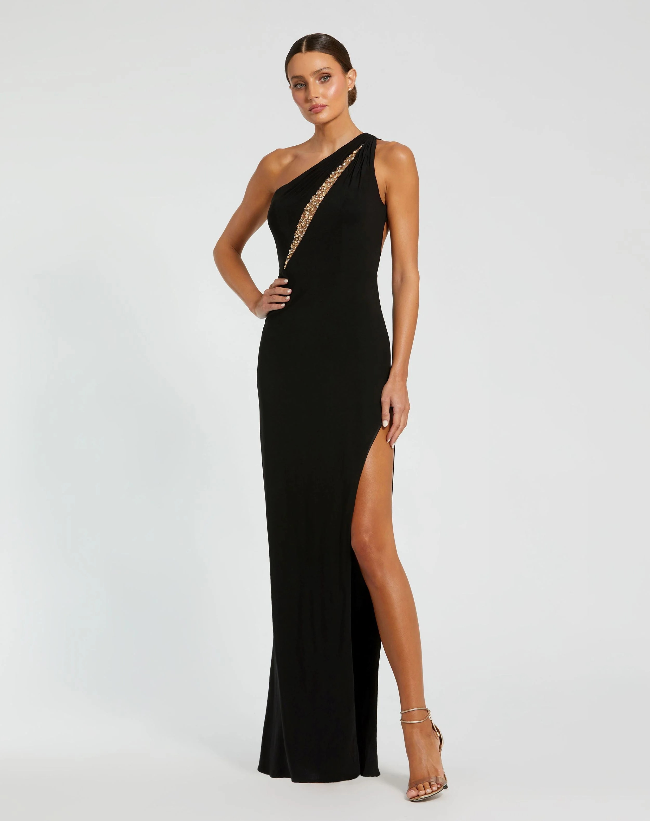 Black One Shoulder Gown with Sheer Embellished Cut Out - Mac Duggal | Mac Duggal