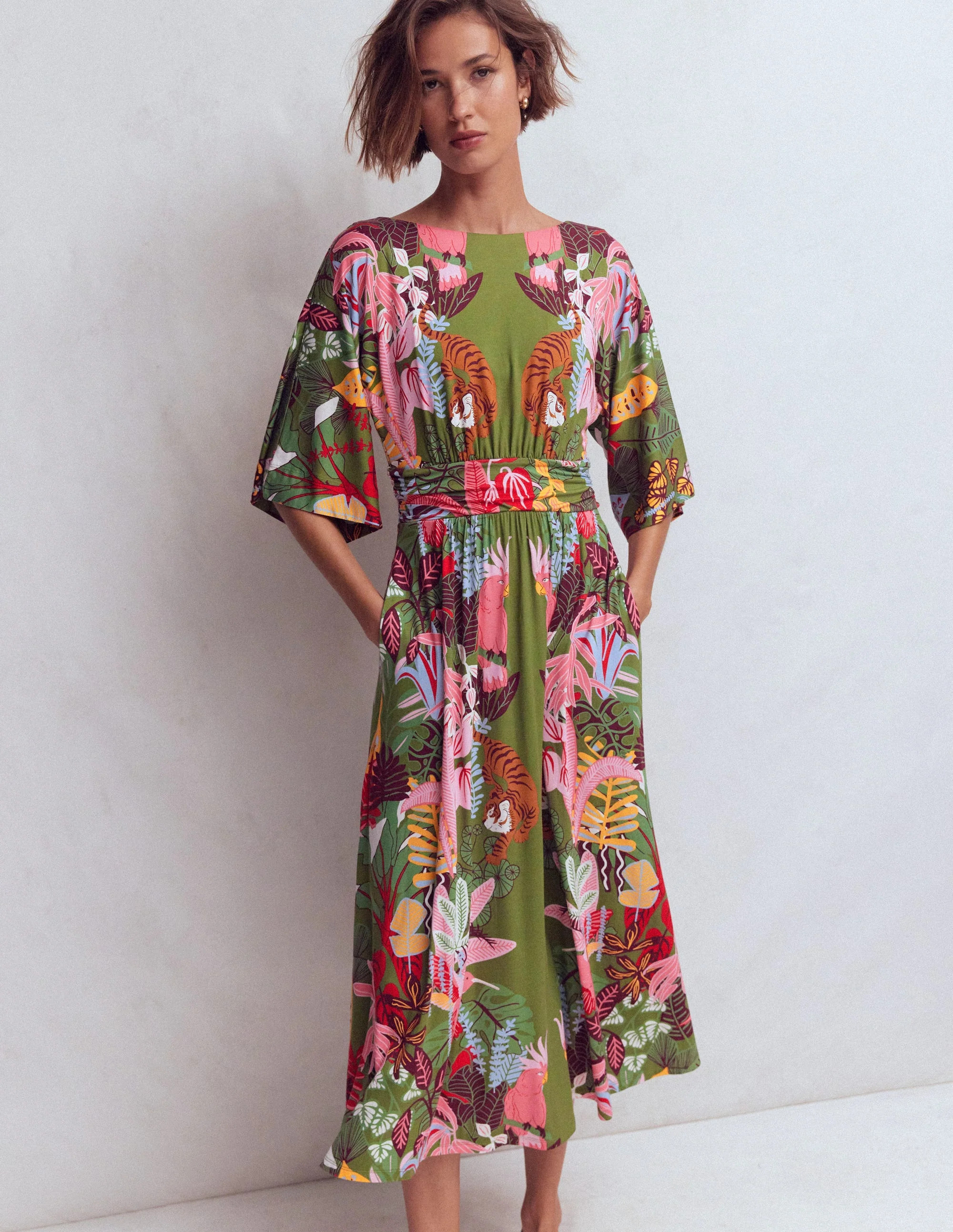 Imelda Kimono Jersey Dress-Olive, Tropical Safari | Boden (US)