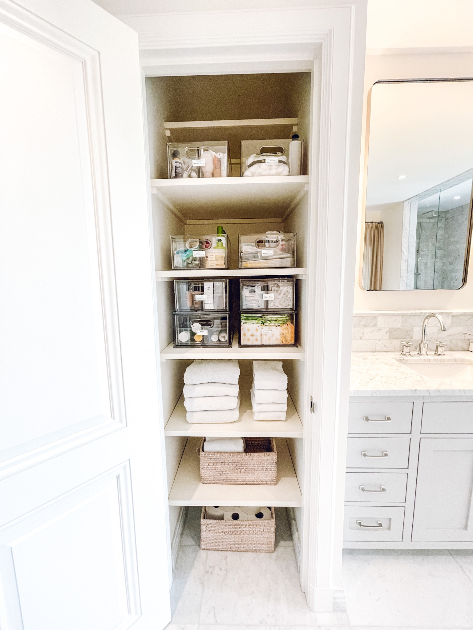 Linen closet organization. Home Edit Stackable Drawer. The Container Store Rattan Bin. Home Edit Divided All-Purpose Bin. Marie Kondo Ori Curved Rattan Bin✨

#LTKkids #LTKhome #LTKfamily