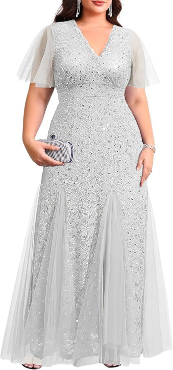 Plus Size Formal Dress - Evening Gowns Wedding Guest Mother of The Bride Sequin Lace Mermaid Tull... | Amazon (US)