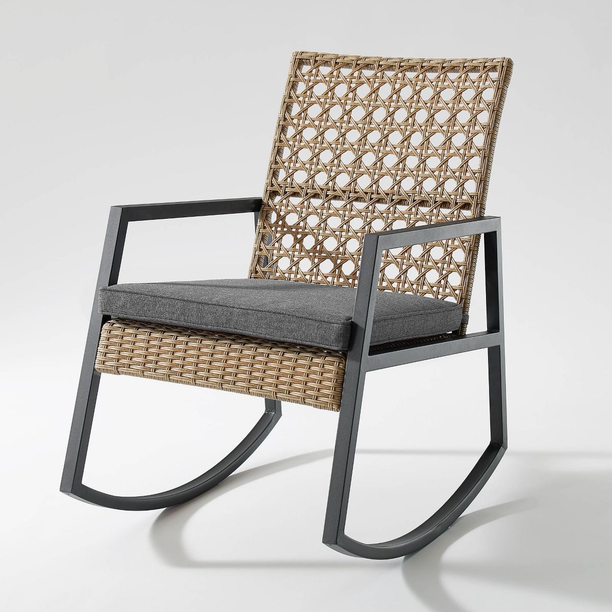 Komodo Modern Boho Faux Rattan & Metal Outdoor Rocking Chair with Cushion - Brown/Gray - Saracina... | Target