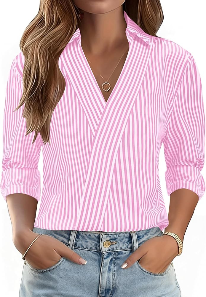 LOMON 3/4 Length Sleeve Womens Tops Dressy V Neck Collared Shirts Trendy Business Casual Work Blo... | Amazon (US)