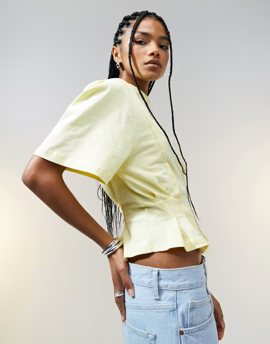 ASOS DESIGN seam detail short sleeve corset waist T-shirt in buttermilk-Yellow | ASOS (Global)